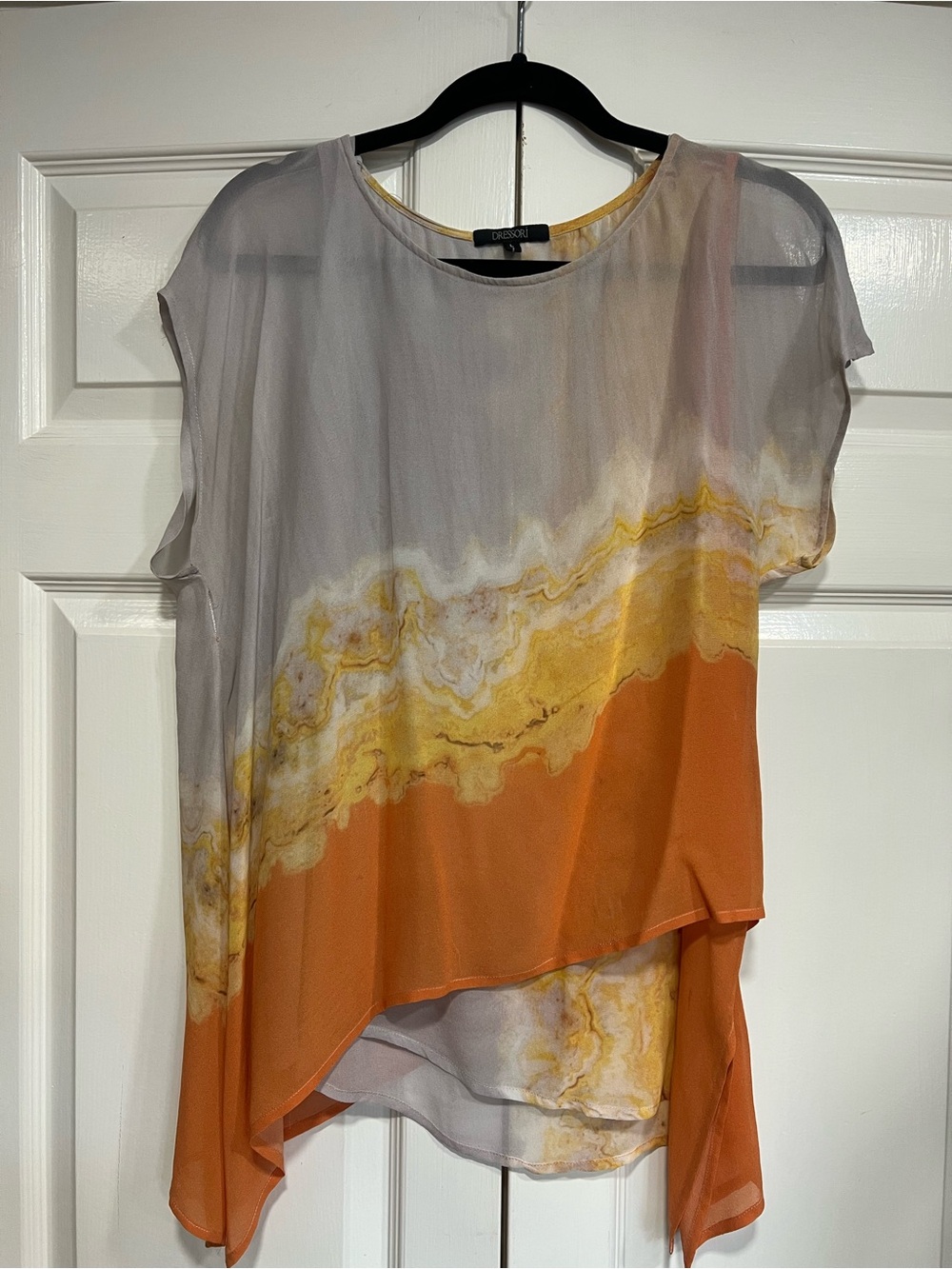 Dressori Womens Short Sleeve Silk Asymmetrical Hem Blouse Size Large Like New